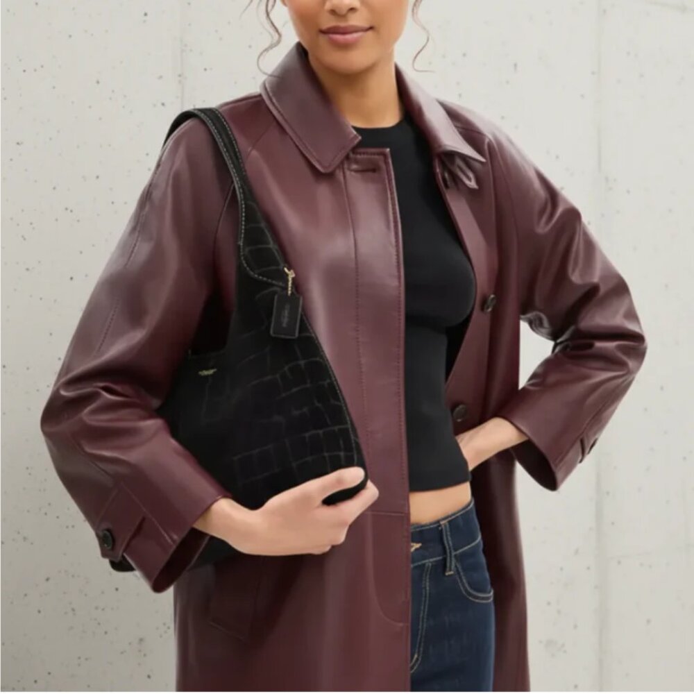 Coach Brooklyn 28 Black Croc Embossed Suede Leather Hobo CCJ00 - Picture 5 of 16